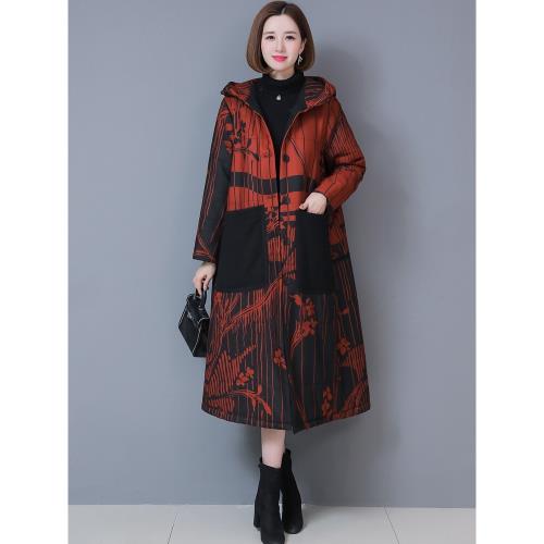 民族風棉服2025年新款女冬季休閑印花加厚連帽襖長款大衣外套時尚