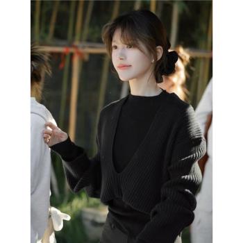 趙露思同款黑色深v領套頭毛衣女秋冬季慵懶老錢風疊穿針織衫上衣