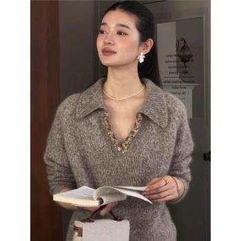 歐貨重工亮片翻領v領浣熊絨毛衣女秋冬慵懶老錢風針織衫軟糯上衣