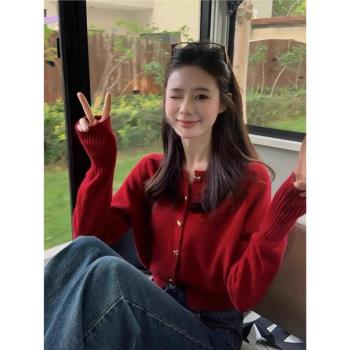 聖誕穿搭紅色浣熊絨毛衣外套女秋冬慵懶高階感短款本命年針織開衫