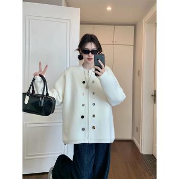 大衣女外套秋冬高階感小香風白色拉鏈開衫寬松顯瘦休閑風長袖上衣