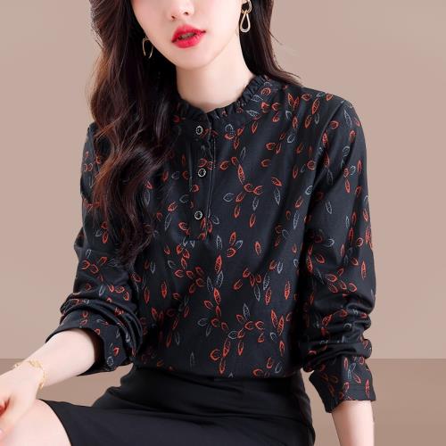 韓國黑底碎花襯衫女秋裝2025新款洋氣減齡遮肚顯瘦休閑立領小衫~