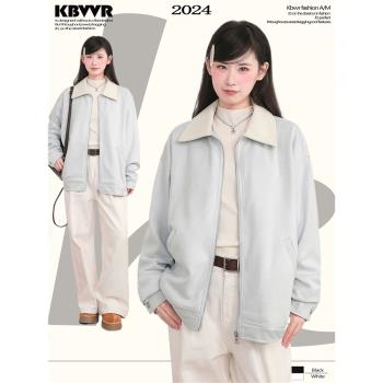 藍色翻領麂皮絨棒球服外套女秋冬季深秋初冬加厚寬松正肩夾克開衫