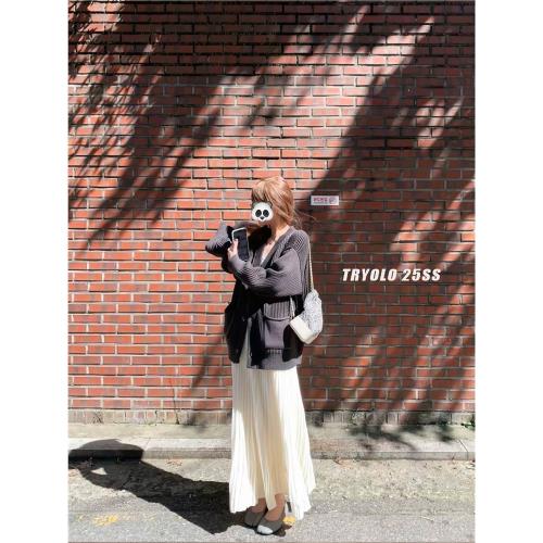 TRYOLO自制 蘑糯糯奶黃裙百褶裙顯瘦白色針織半身裙A字百搭中長裙