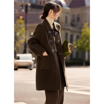 XWI欣未高階感復古牛角扣雙面呢大衣女2024年冬季美拉德毛呢外套