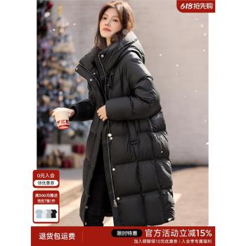 XWI欣未泡芙感蓬鬆連帽羽絨服女2024年冬季長款黑色加厚保暖外套