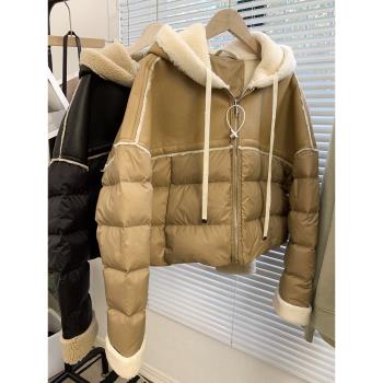 羊羔毛拼接短款羽絨棉服女款冬季大碼顯瘦設計感皮毛一體連帽棉衣