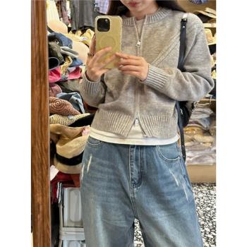 圓領拉鏈2025春季新款顯瘦灰色針織開衫上衣女短款毛衣外套ins