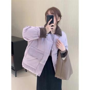 香芋紫色羽絨棉服女2025冬季新款大碼燈芯絨拼接短款棉衣加厚外套