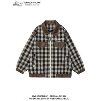 復古美式格子字母刺繡小眾PU拼接翻領夾克男女街頭寬松情侶外套潮