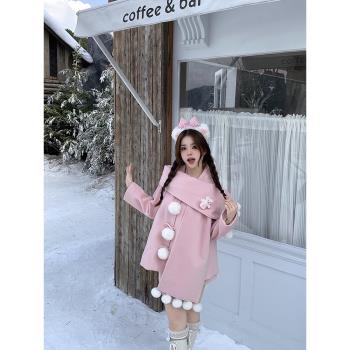 織物豬 球球芝士 新年紅色斗篷毛呢套裝女冬季加厚保暖外套兩件套