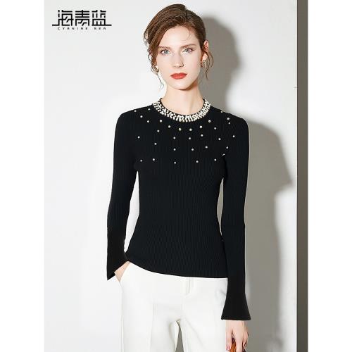 海青藍高級感超好看重工釘珠喇叭袖毛衣女2025秋冬針織打底衫上衣
