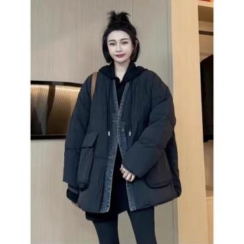 假兩件牛仔拼接羽絨棉服女冬季大碼胖mm寬松黑色復古V領棉衣外套