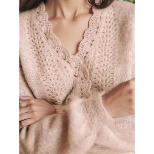 法單醇元 手鉤花瓣邊慵懶感優雅V領燈籠袖羊毛混紡開衫針織衫外套