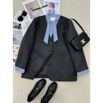 2024冬季假兩件毛呢大衣小西裝羽絨服內裡設計感高級外套女裝流行