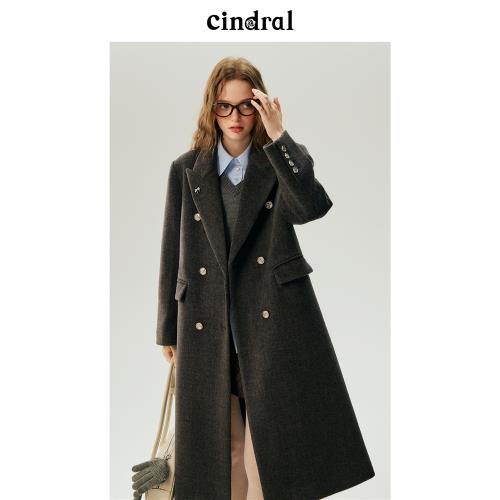 熙地2025冬季新款灰色通勤西裝毛呢外套女高級感寬松長款呢子大衣