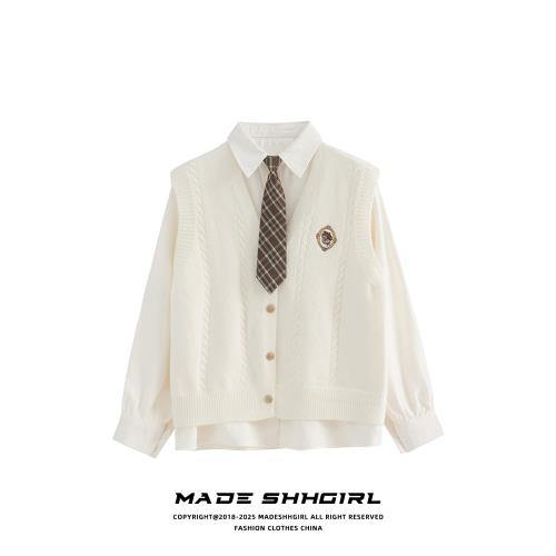 「MADE SHHGIRL」學院風襯衫疊穿馬甲毛衣女秋冬2025新款兩件套裝