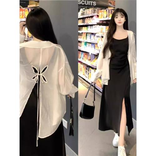 大碼胖mm早秋穿搭鏤空防曬襯衫法式氣質開叉吊帶連衣裙套裝女夏季