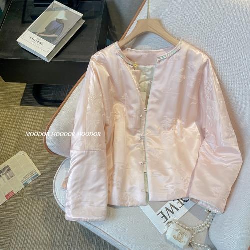 新中式國風緞面醋酸外套女秋冬2025棉服粉色小香風宋錦棉襖短上衣
