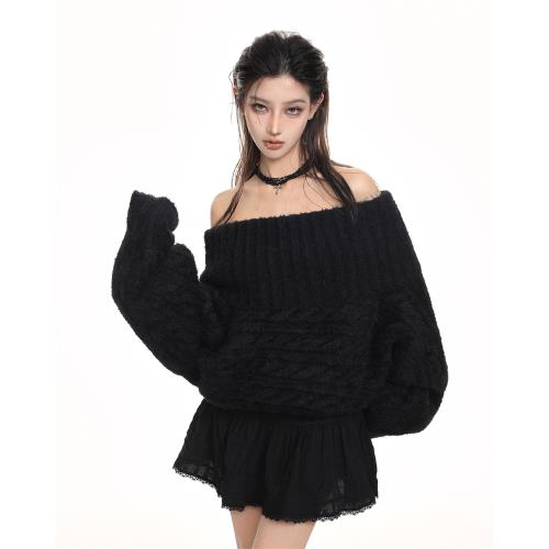 美式黑色一字肩軟糯麻花毛衣女春秋款慵懶風高級感露肩針織衫上衣