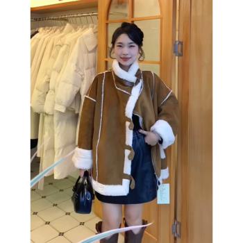 h.h原創女裝 加厚皮毛一體羊羔毛保暖外套女秋冬新款鹿皮絨機車服