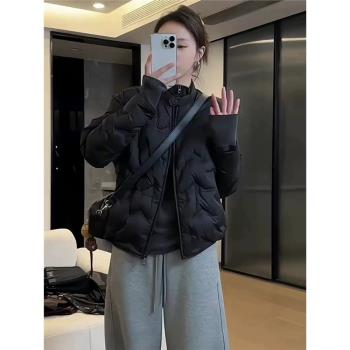 黑色輕薄立領羽絨棉服女冬季大碼胖mm休閑百搭高階感短款棉衣外套