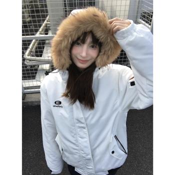 冬季情侶裝大毛領白色派克羽絨服女冬2024新款加厚羽絨沖鋒衣潮牌