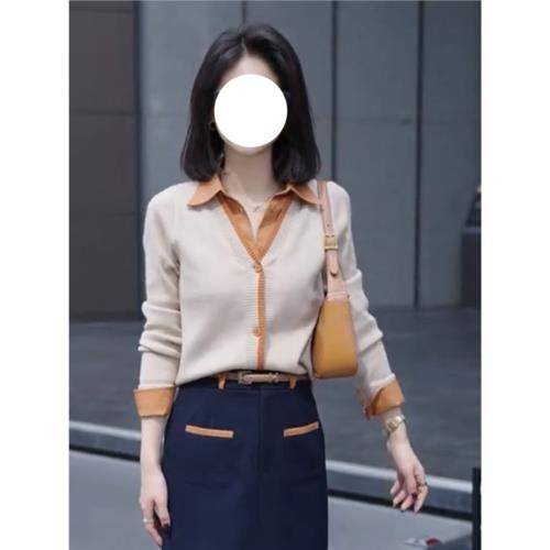 POLO領假兩件針織上衣女2025秋季大碼微胖mm顯瘦高級撞色毛衣開衫