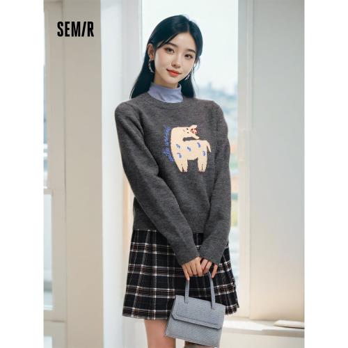 森馬毛衣女提花衣服可愛趣味潮流2024冬季新款圓領正肩毛衫甜酷風