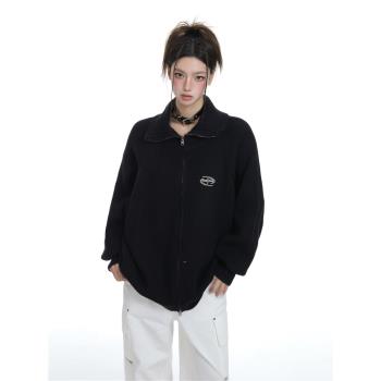 棕色雙拉鏈立領毛衣外套女秋冬季慵懶風oversize加厚針織開衫上衣