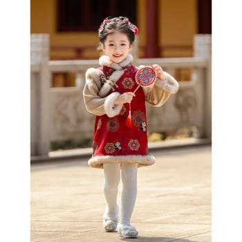 女小童漢服唐裝棉衣裙中國風新年拜年服冬季加絨加厚保暖旗袍外套