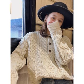 2025年秋冬新款絞花毛衣女亨利領冬季加厚羊毛針織衫上衣