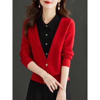 假兩件上衣女春秋2025新款紅色毛衣大碼蛇年本命年衣服秋冬打底衫
