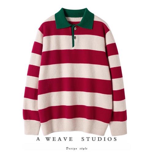 這個真心好看！加厚復古休閑風POLO翻領紅條紋羊絨毛衣女純羊絨衫