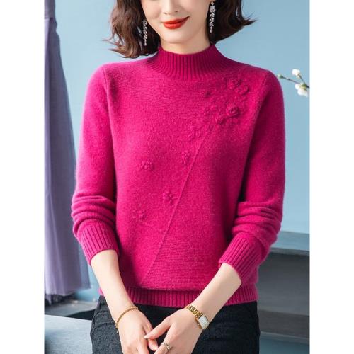 恒源祥彩羊雙股加厚羊絨衫女秋冬半高領媽媽玫紅內搭羊毛打底毛衣