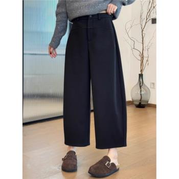 大碼女裝口袋加厚毛呢休閑褲女2025春季新款時尚設計感闊腿九分褲