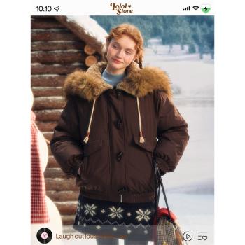 LOLOL 2025冬季新款90白鴨絨派克羽絨服女大毛領牛角扣連帽外套厚