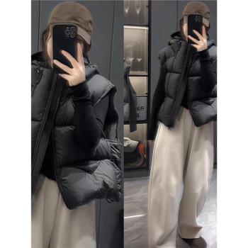 秋冬輕柔泡芙蓬鬆連帽羽絨棉馬甲女短款保暖輕薄時尚百搭坎肩外套