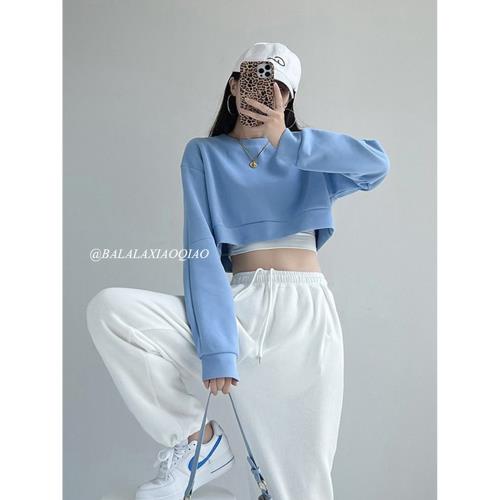 歐美藍色短款衛衣女小個子高腰露臍寬松甜酷辣妹kpop跳舞爵士上衣