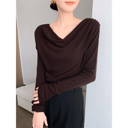 SUSUS咖色蕩領長袖針織衫女秋冬2025新法式收腰溫柔氣質內搭毛衣