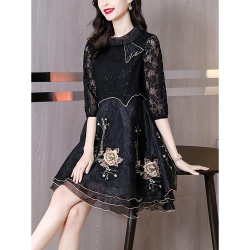 貴夫人2025年春夏氣質裙子重工刺繡大碼女裝闊太太蕾絲網紗連衣裙