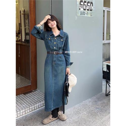 牛仔藍連衣裙女2025春秋新款直筒襯衫裙氣質收腰顯瘦長裙子配腰帶