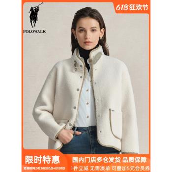 POLOWALK女士立領仿羊羔絨外套秋冬保暖新款保羅休閑抓絨夾克女潮