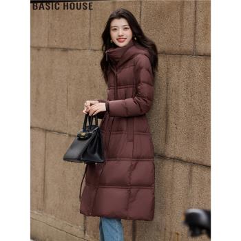 Basic House/百家好加厚連帽收腰白鴨絨羽絨服外套女2024冬季新款