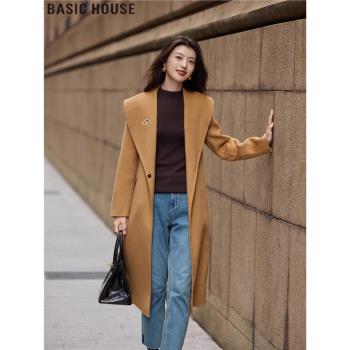 Basic House/百家好中長款系帶風衣大翻領100%綿羊毛呢外套女春季