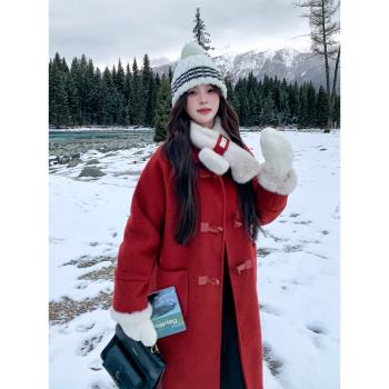 紅色圍巾毛呢外套女中長款2024冬季新款洋氣好看夾棉加厚呢子大衣