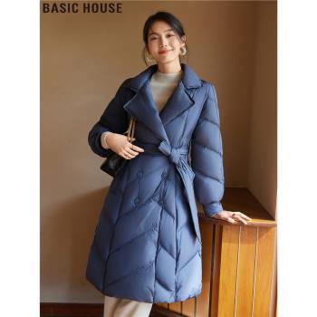 Basic House/百家好2024冬季新款長款過膝90白鴨絨羽絨服外套女士