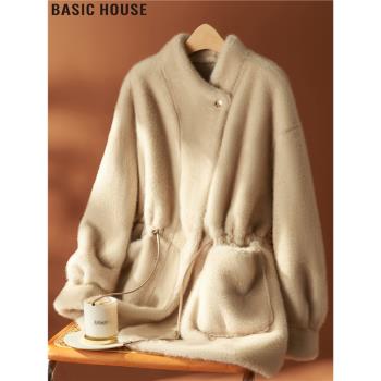 Basic House/百家好氣質小資環保皮草外套收腰立領皮毛一體女冬季