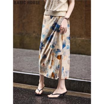 Basic House/百家好側開叉油畫印花高腰長款半身裙女2025夏季新款