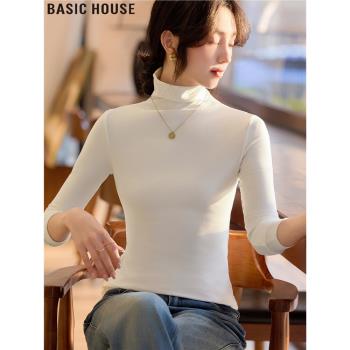 Basic House/百家好硬核單品白色高領德絨打底衫女士2025春季新款